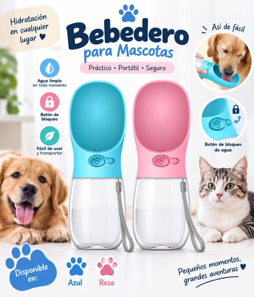 Bebedero Portátil para Mascotas con Correa - Azul y Rosa