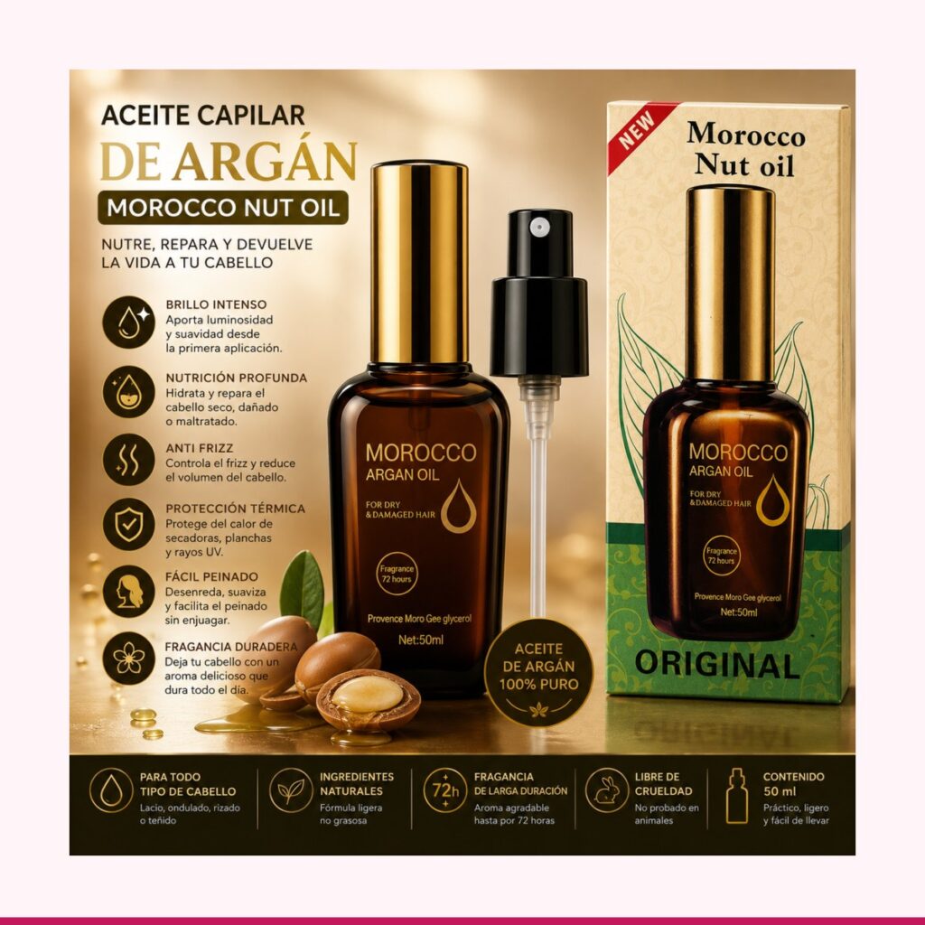 Aceite Capilar de Argán en Spray, Controla Frizz y da Brillo 50ml