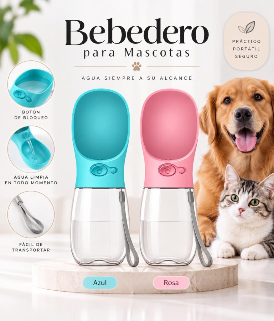 Bebedero Portátil para Mascotas con Correa - Azul y Rosa