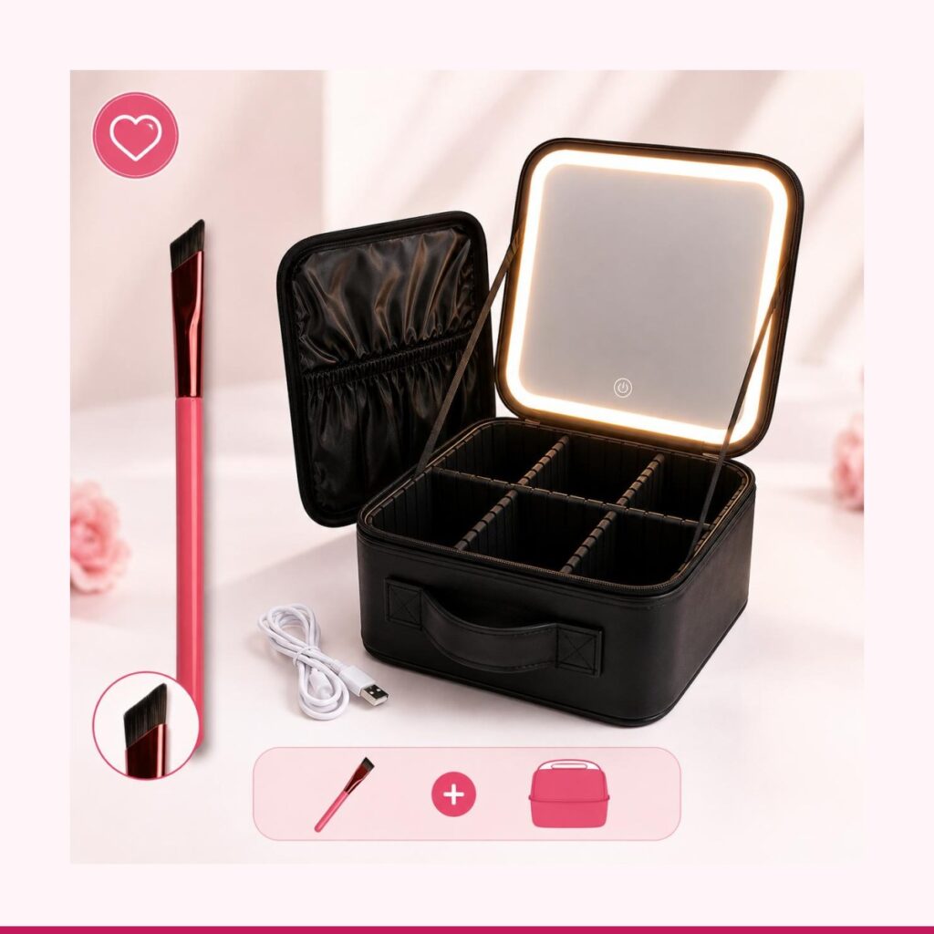 Estuche de Maquillaje con Espejo LED + Cepillo para Cejas