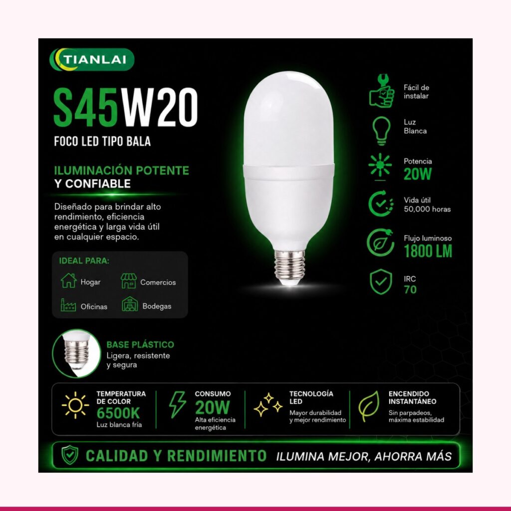 Foco LED Tipo Bala 20W Luz Blanca Fría 1800 lm Base E27